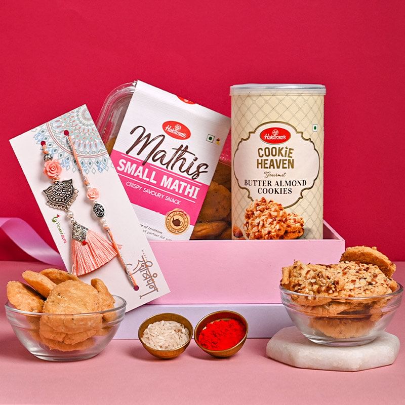 Bhaiya Bhabhi Rakhi Set Online Delivery - Crunchy Mathis Butter Almond Cookies with Couple Rakhi