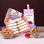 Set of 5 Fancy Rakhis Online Delivery - Crunch Savoury Mathis N Fruit N Nut Choco Bar With Five Traditional Rakhis