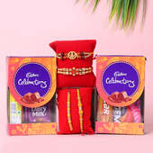 Crunchy Rakhi Combo - Set of 4 Designer Rakhis with Pack of Cadbury Celebratrions 66gram each and Complimentary Roli and Chawal