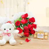 Cuddly Choco Fantasy - Combo of 12 Roses with a 6 inches Teddy and 16 Ferrero Rochers