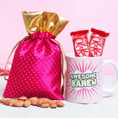 Custom Behen Rakhi Combo - 100gm Almonds in Pink Potli with 2 Kitkats - 18gm each and One personalised ceramic mug