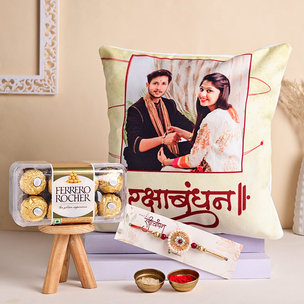 Send Custom Cushion With Pearl Rakhi N Chocolates in India - Personalised Rakhi Online