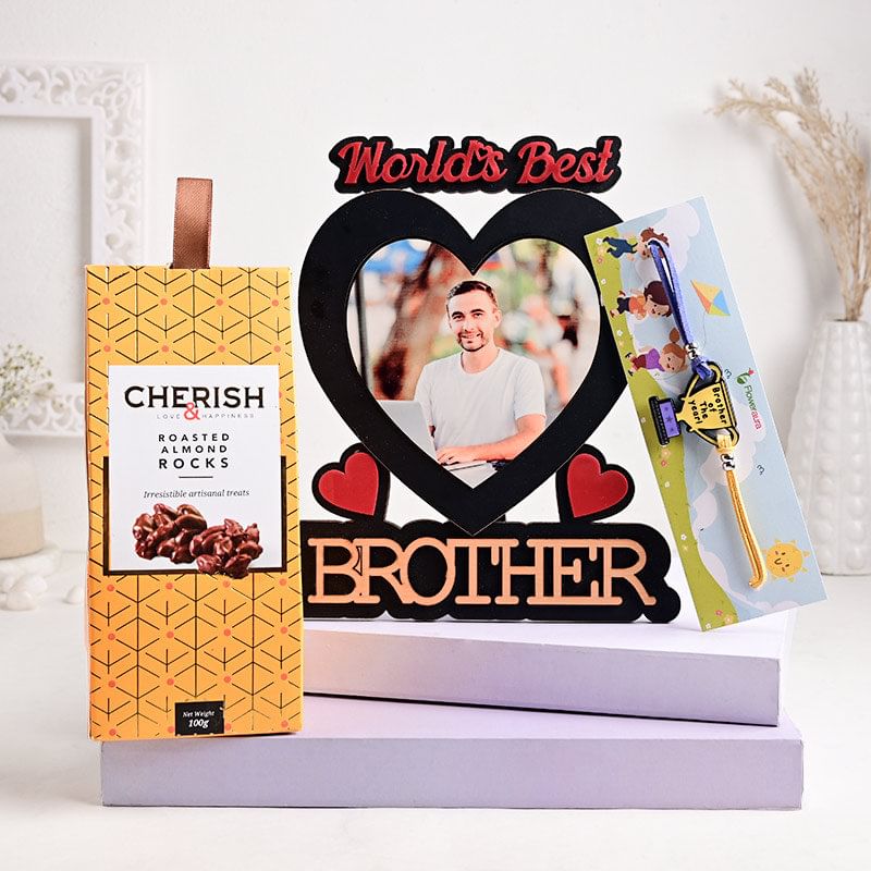 Custom Frame With Trophy Rakhi: Send rakhi with Personalised photo frame