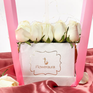 Custom White Rose Balloon Bouquet: Arrangement of 25 White Roses in a Flower Box
