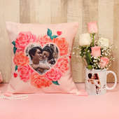 Customised Tokens Of Love - One Personalised White Ceramic Mug with 5 Pink and White Roses and Personalised Cushion