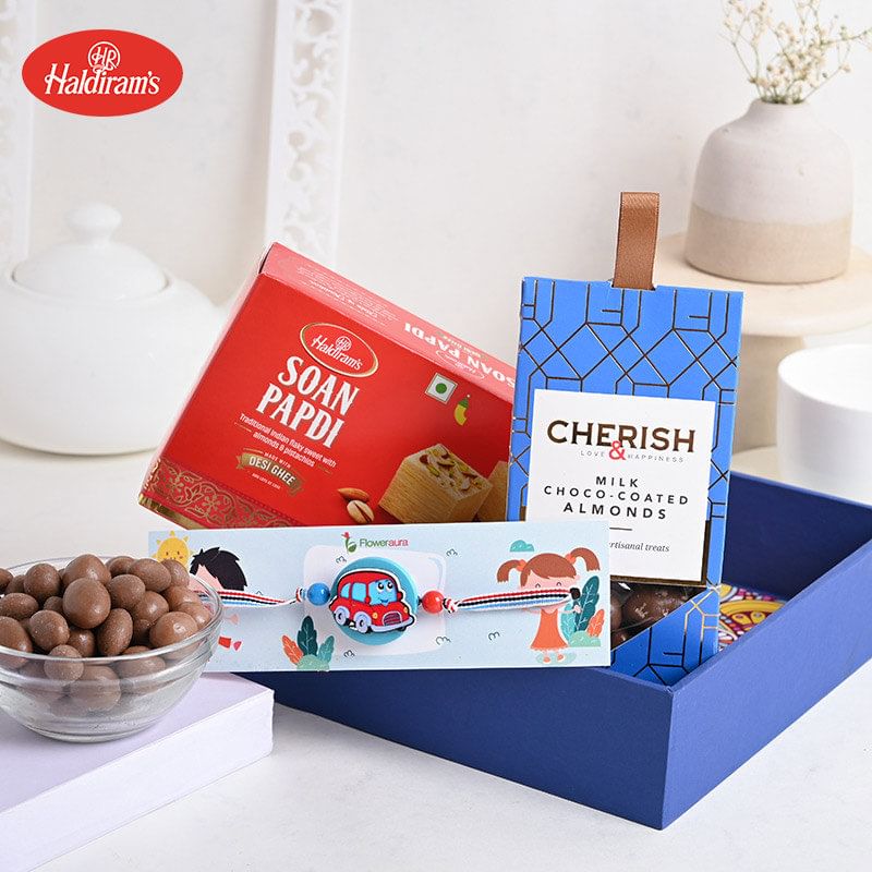 Buy One Cute Car Rakhi Online - Cute Car Rakhi With Soan Papdi n Choco Almonds