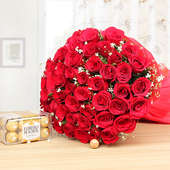 Cute Love Essentials - Bouquet of 50 red roses and 16 Ferrero rocher