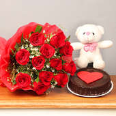 Flowers Online Delivery - Bunch of Red Roses and Chocolate Cake with Teddy