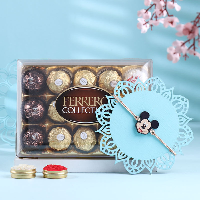 Cute Mickey Mouse Rakhi N Ferrero Rocher Set