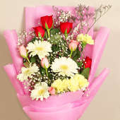 Carnation Rosey - 16 Mixed Flower Bouquet in Pink Packaging