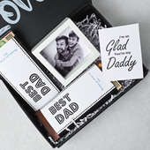 Top view of Dad Hamper with photo frame and gift hamper