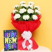Dazzling White Carnations - Carnations and New Year Greeting Card Combo