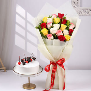 Decadent Black Forest Cake N Mixed Roses Combo