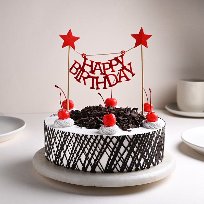 Decadent Black Forest Cake With Birthday Topper - Side View