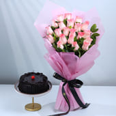 Decadent Truffle Cake With Pink Roses Bouquet