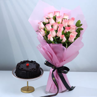 Decadent Truffle Cake With Pink Roses Bouquet