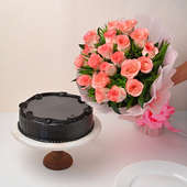 Decadent Truffle Cake With Pink Roses Bouquet