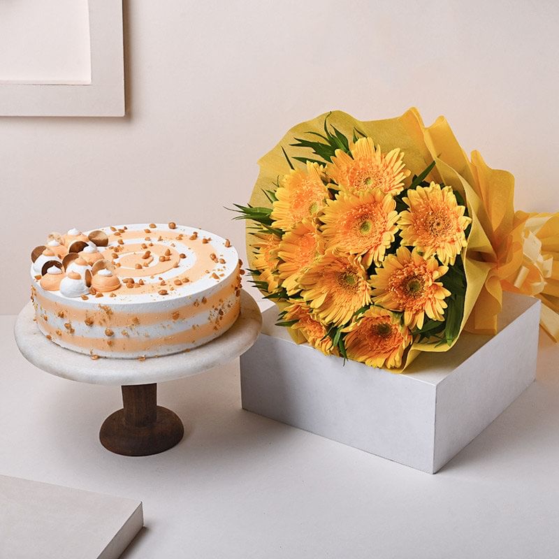 Butterscotch Cake and Yellow Gerberas Bouquet