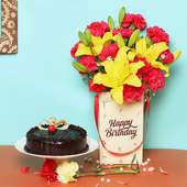 Carnations & Lilies Bunch in Birthday Flower Box with Chocolate Cake