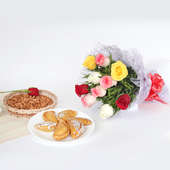Almonds and Gujiya With Rose Bouquet