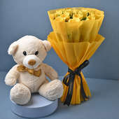 Delightful Yellow Roses Bouquet N Teddy Bear