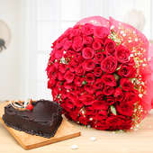 Deluxe Celebrations - 100 red roses bunch and half kg heart shaped chocolate cake combo