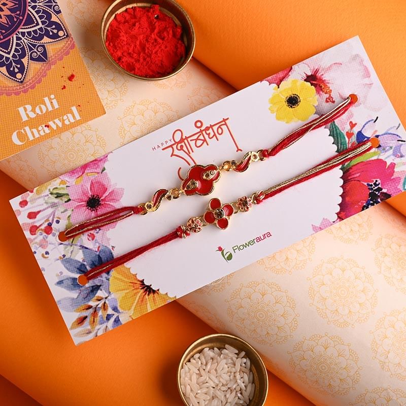 Order Deluxe Golden Red Rakhi Set Online - Fancy Rakhi