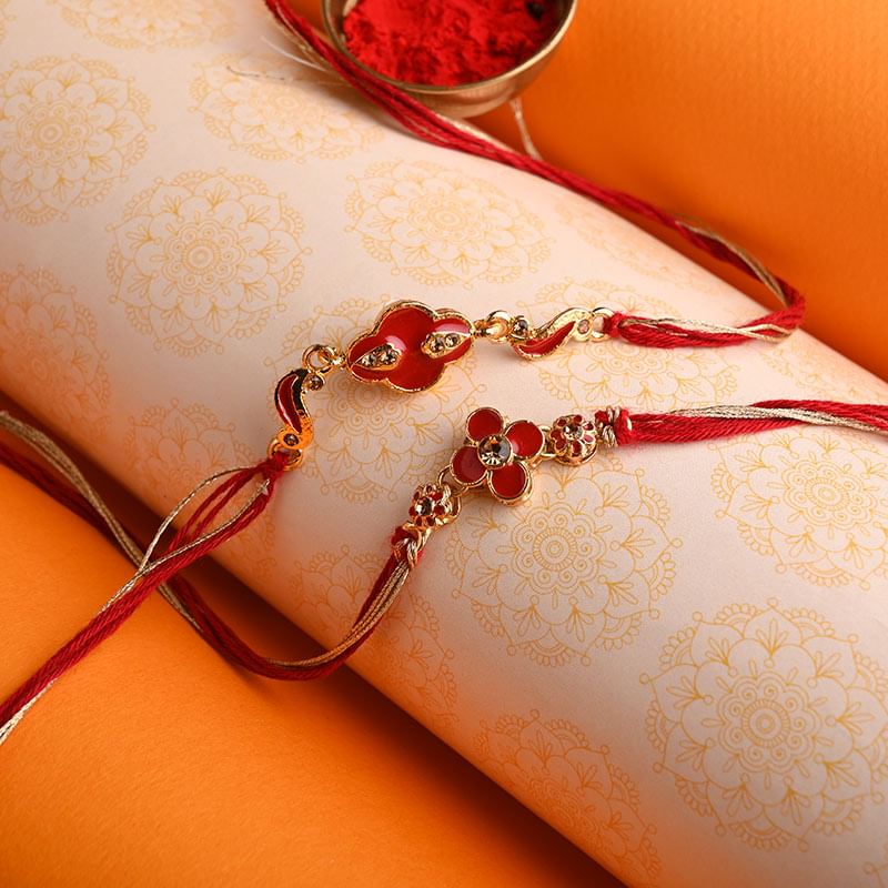 Send Designer Deluxe Golden Red Rakhi Set Online - Fancy Rakhi