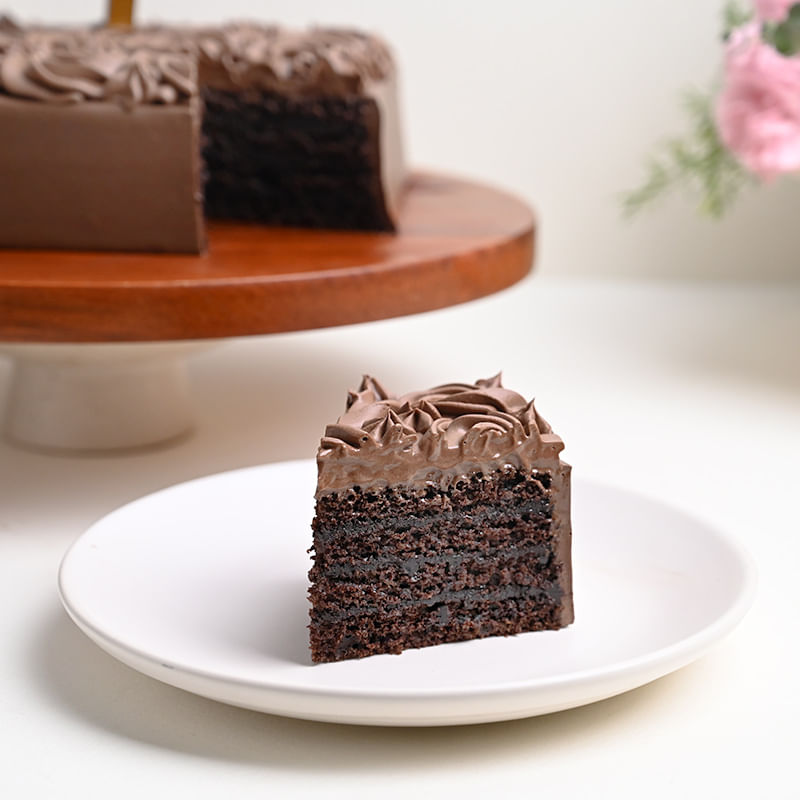 Side Sliced view of Dense Chocolate Delight Cake