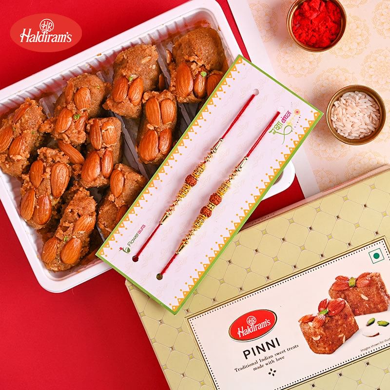 Buy Set of 2 Rakhi Online For Brother with Sweets - Desi Ghee Pinni With Two Rudraksha Beads Rakhis