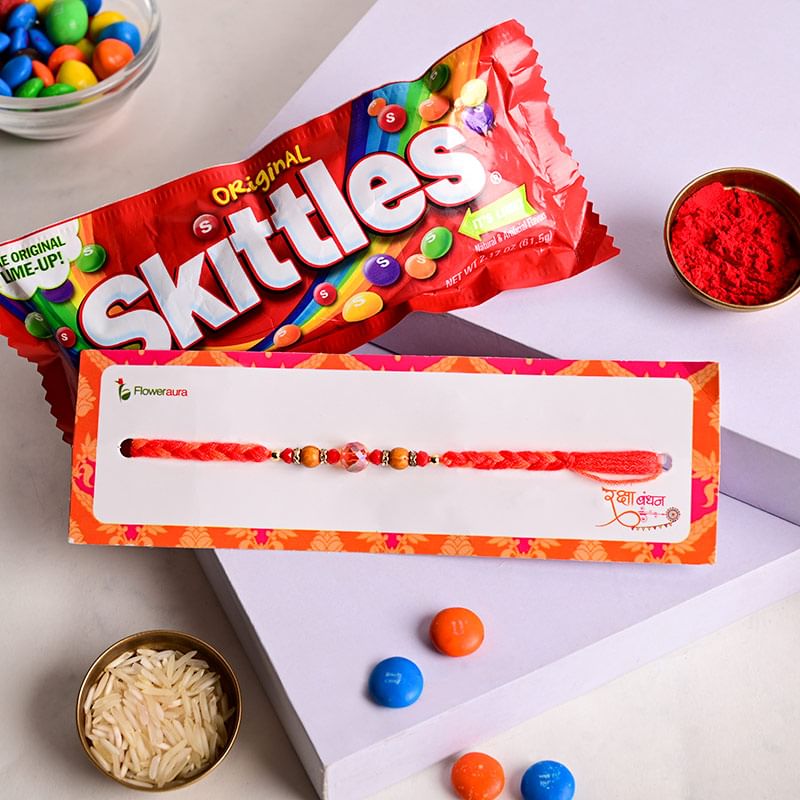 Designer Beaded Rakhi with Skittles Chocolate