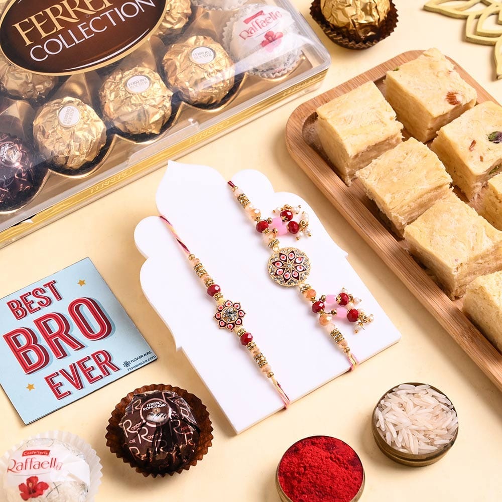 Designer Bhai Bhabhi Rakhi N Sweet Choco Hamper