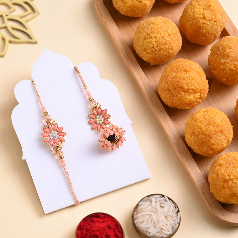 Designer Bhai Bhabhi Rakhi Set N Motichoor Ladoo
