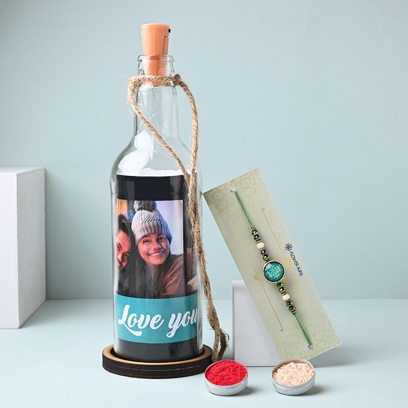 Designer Blue Rakhi With Personalised Hanging Bottle Lamp