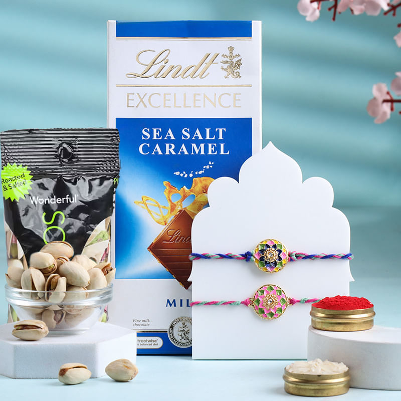 Designer Floral Rakhi Duo With Gourmet Treats