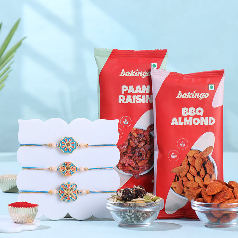 Designer Floral Rakhi Trio With Almonds N Raisins