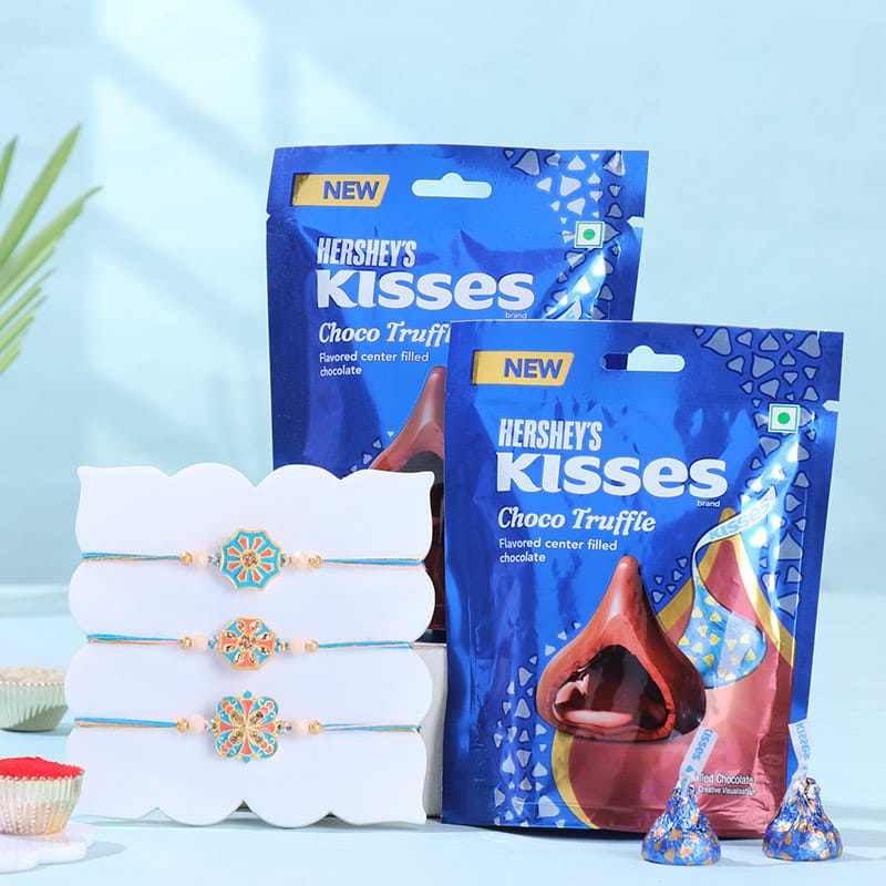 Designer Floral Rakhi Trio With Choco Treats