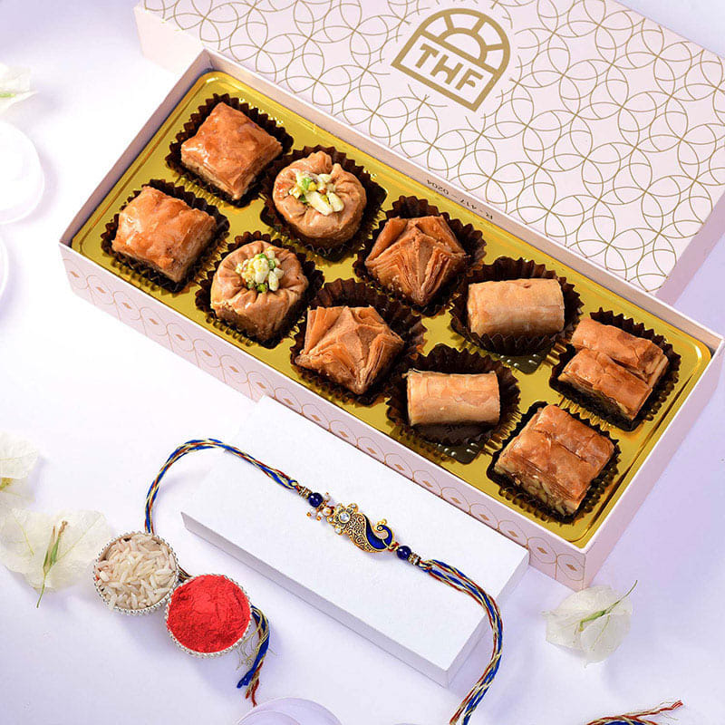 Designer Mor Rakhi With Assorted Baklava