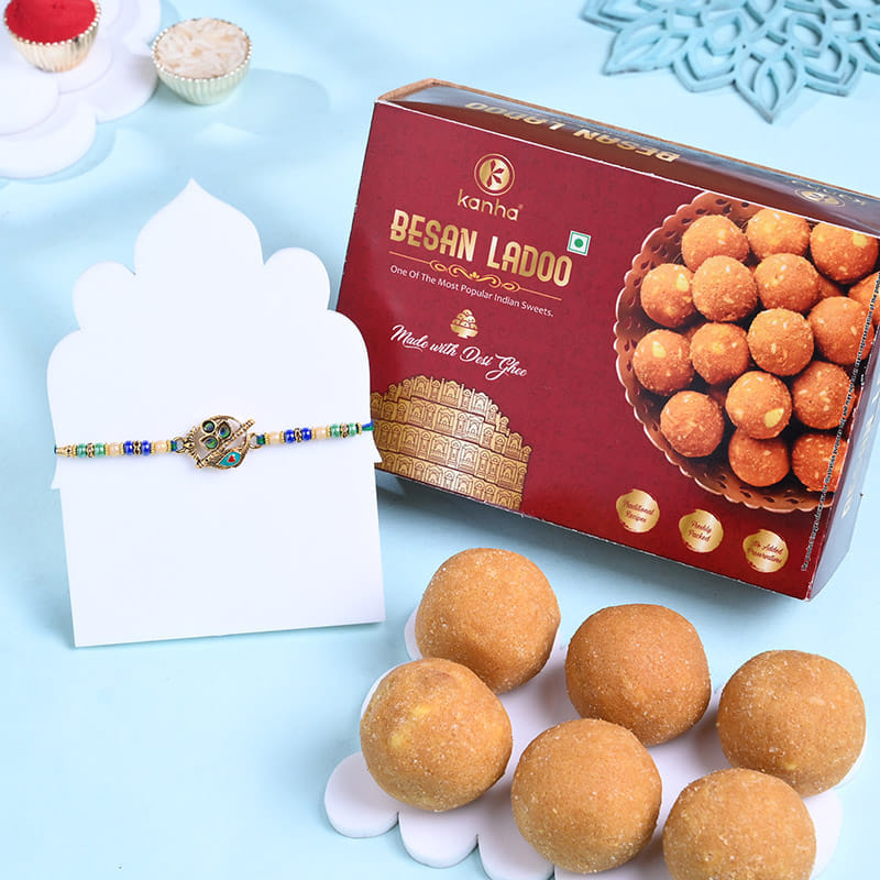Designer Morpankh Rakhi With Besan Ladoo