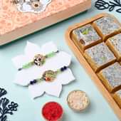 Designer Peacock Rakhi Duo With Besan Burfi