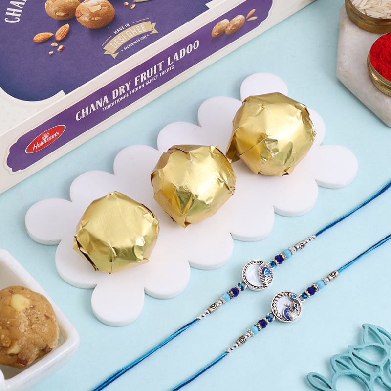 Designer Peacock Rakhi Duo With Chana Ladoos