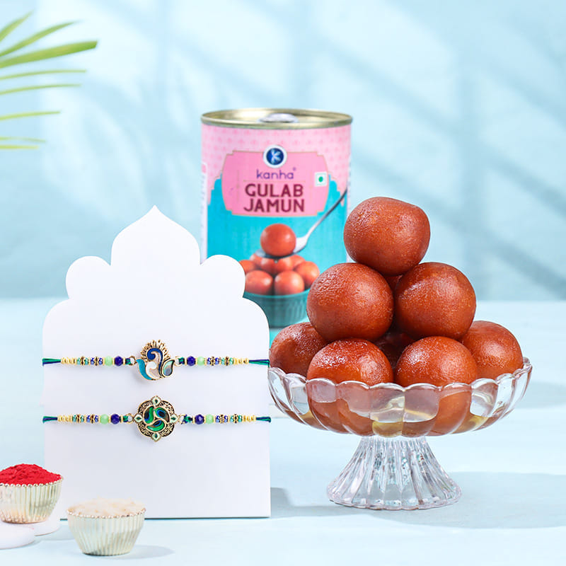 Designer Peacock Rakhi Duo With Gulab Jamun