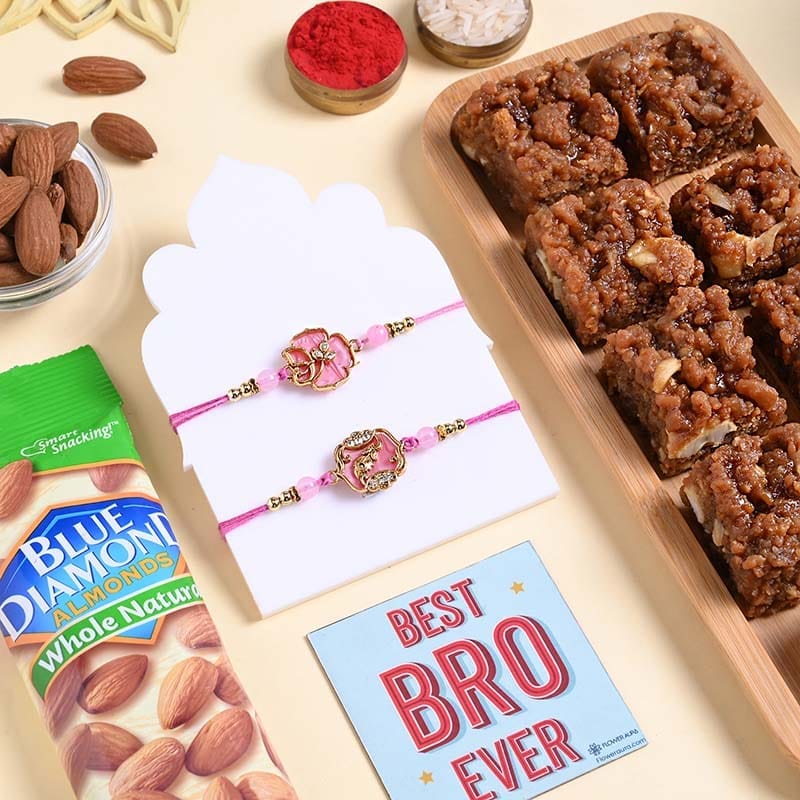 Designer Rakhi Duo With Almonds N Dhoda Burfi