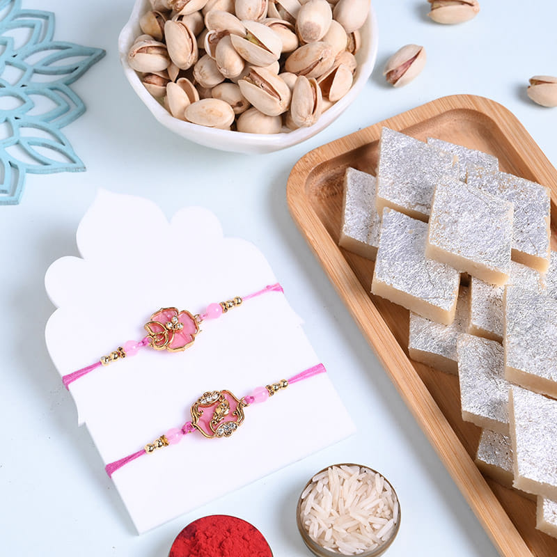 Designer Rakhi Duo With Kaju Katli N Cashews