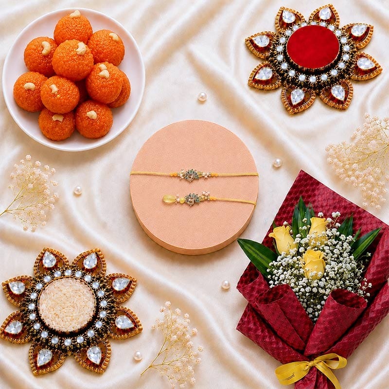 Designer Rakhi Duo With Ladoos N Rose Bouquet