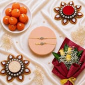 Designer Rakhi Duo With Ladoos N Rose Bouquet