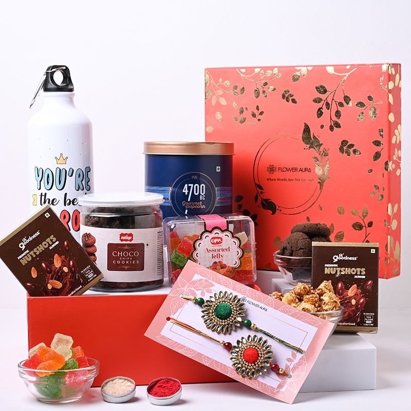 Designer Rakhi Duo With Popcorns Almonds N Cookies In Jar
