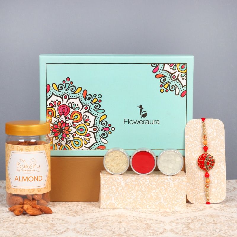 One Designer Rakhi100 gms AlmondsA complimentary pack of roli chawal and mishri