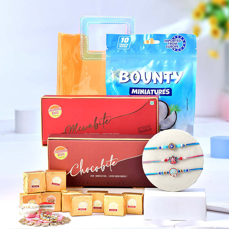 Designer Rakhi Trio N Festive Treats Gift Bag