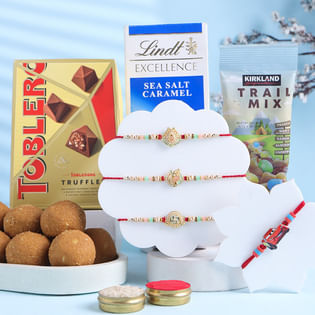 Designer Rakhi Trio N Kid Rakhi With Sweet Treats